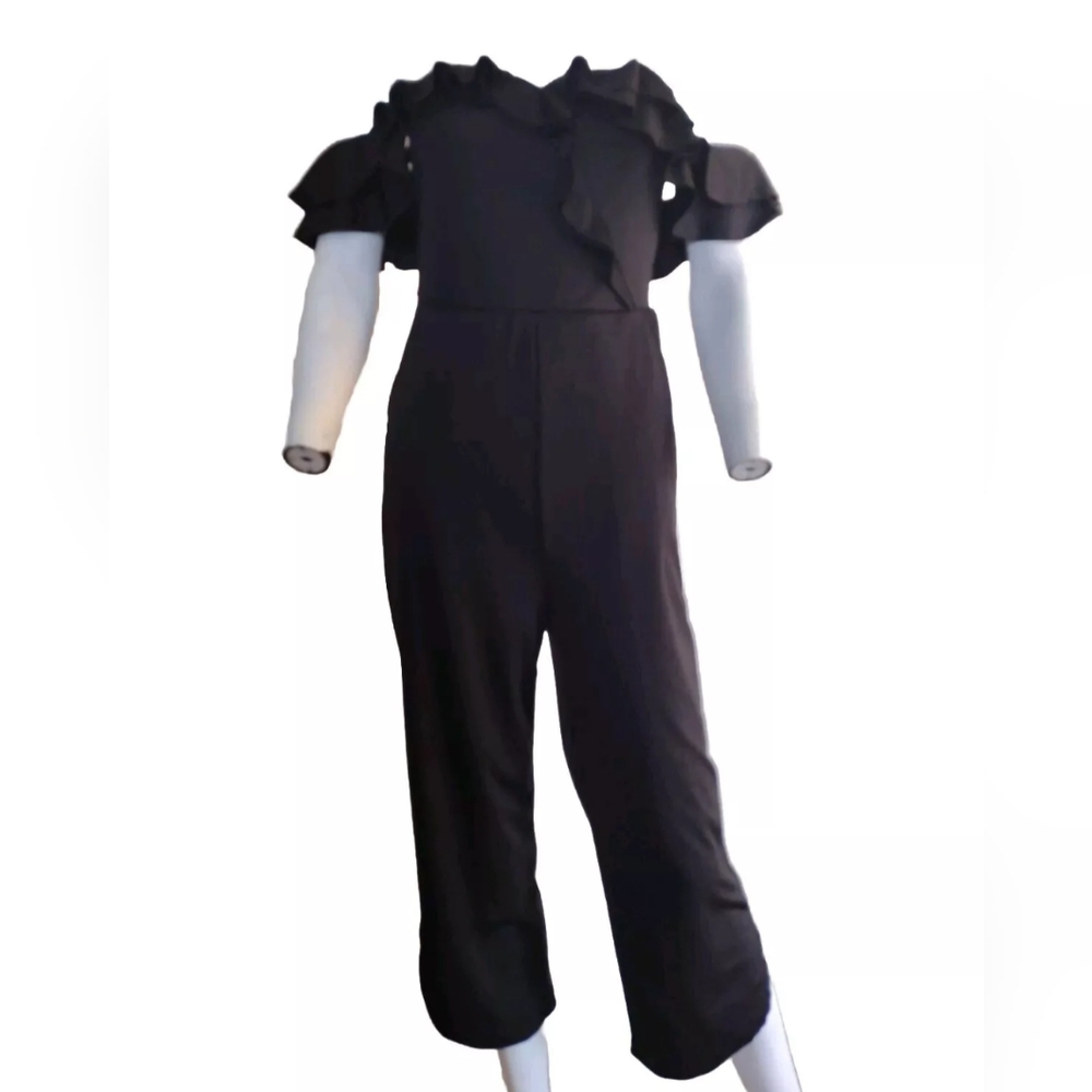 CA Mode Jumpsuit Woman M Black Off the Shoulder Ruffle Top Classic Wide Slit Leg